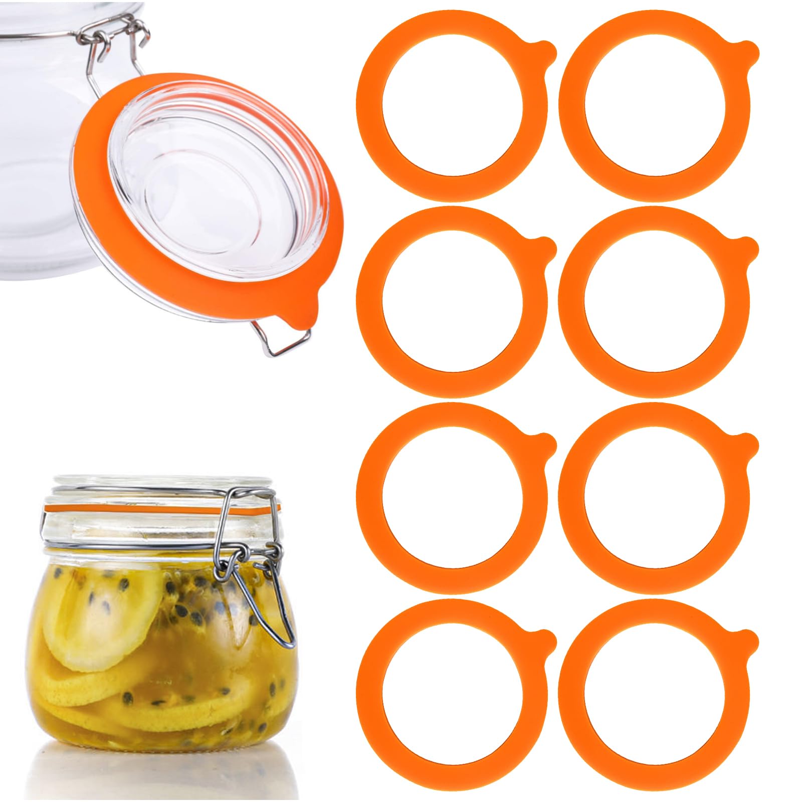 Silicone Jar Gaskets Seals Replacement, 8 Pcs Standard Rubber Airtight Seal Rings Gasket for Mason Storage Jars Glass Cans (Orange)