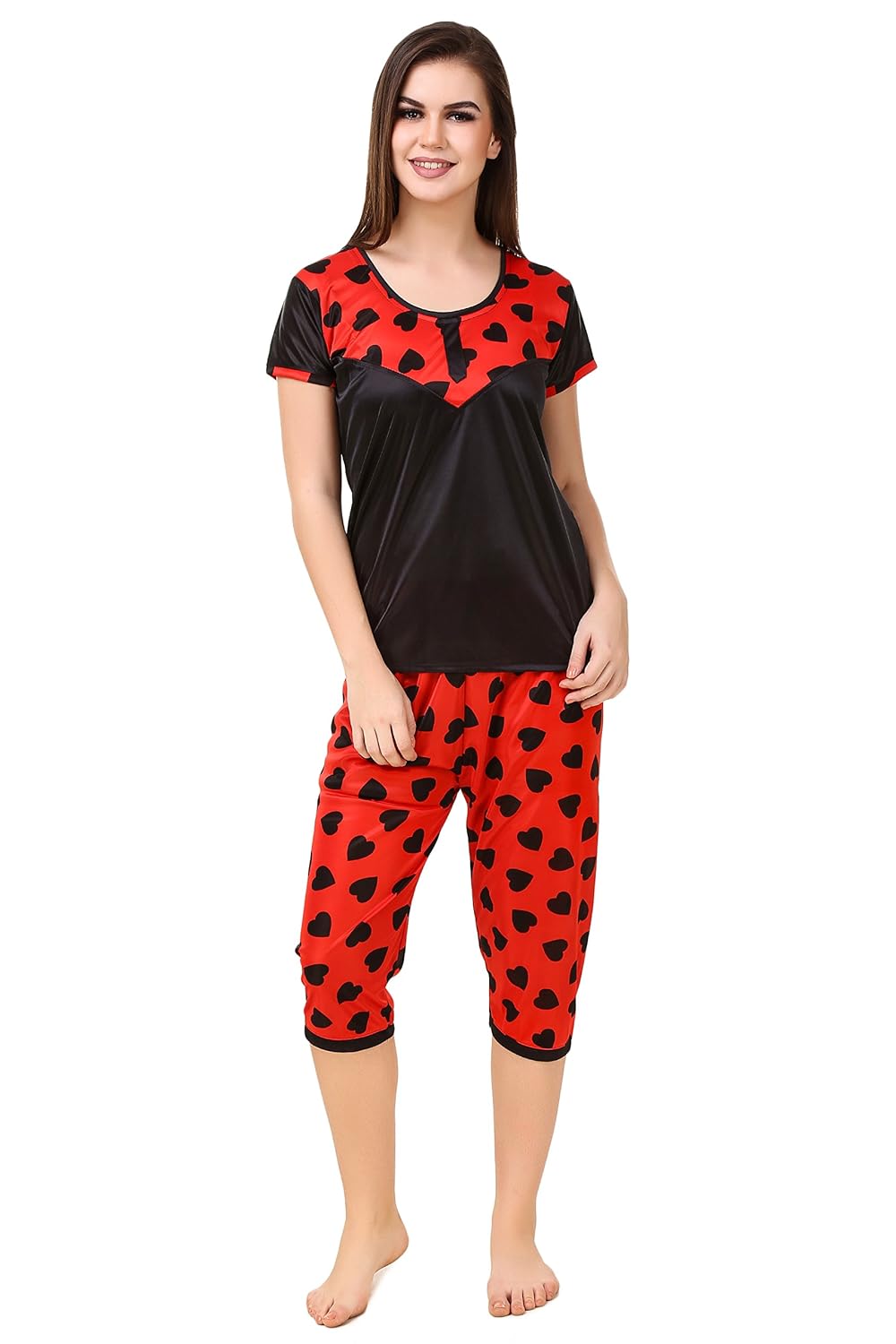 masha women's satin printed night suit (capri)