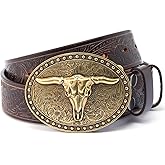 JIMJOY Men's Western Leather Belt Cowboy Belts for Men Big Engraved Buckle Belts