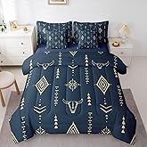 Erosebridal Bohemian Aztec 7 Piece Bedding Set Queen Bull Skull Comforter Set with Sheets Western Native Bed in a Bag Navy Blue Geometric Horns Bed Sets Aesthetic Symbol Cow Head Comforter