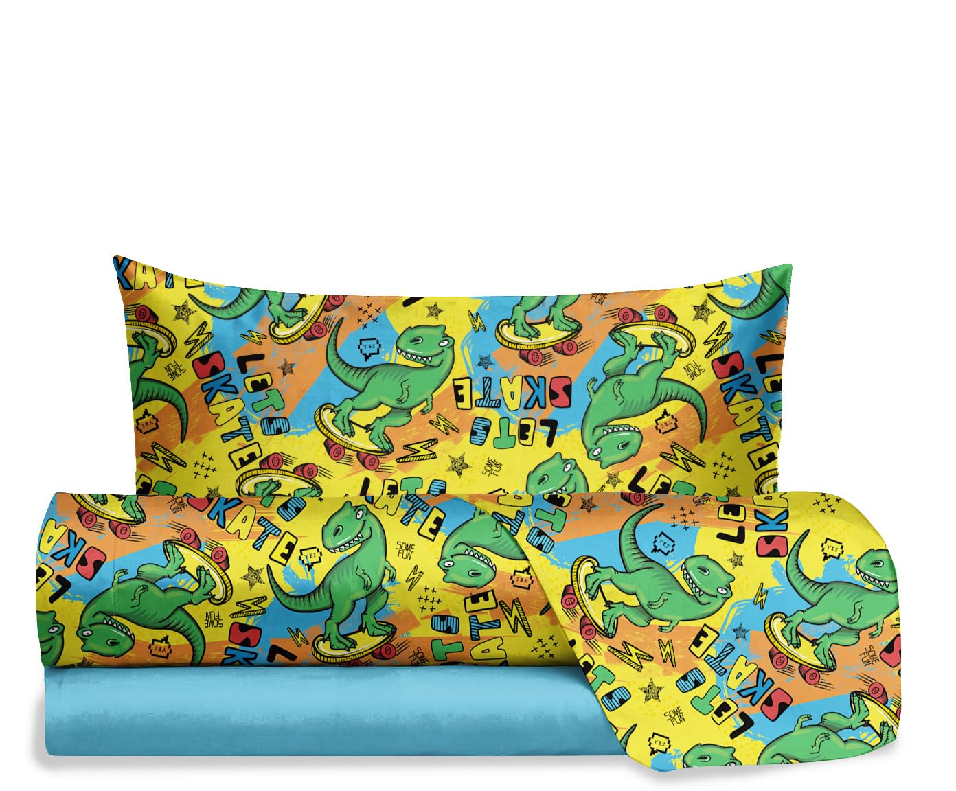 hermet Jolly Dinosaur Single Bed Sheet Set, 100% Cotton, Top Sheet + Fitted Sheet + Pillowcase, Fansatisa Bedding Set for Bedroom