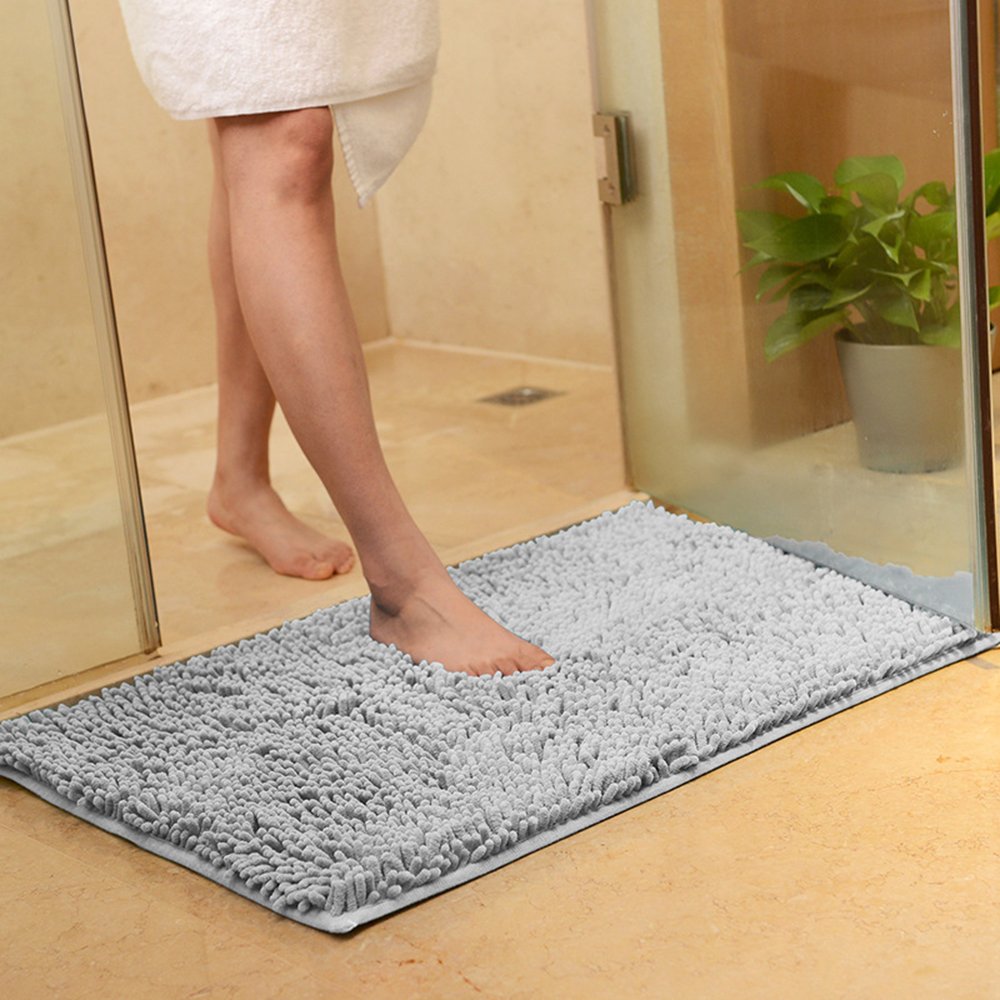 ele ELEOPTION Soft Shag Bath Mat Rug Kitchen Rug Door Way Feet Mat Anti-slip Strip Absorbent Doormat Bathroom Shower Rugs Shaggy Carpet, Gray, 60 x 90 cm