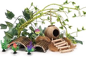 RUNANIA Crested Gecko Tank Accessories，Reptile Vines Plants with Coconut Shell Ladder Hideout Hermit Crab Decor for Bearded Dragon Lizard Chameleon Tortoise Snake
