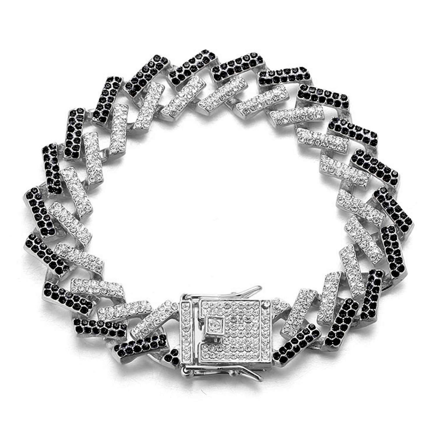 HALUKAKAH Diamond Cuban Link Gold Chain for Men Iced Out,13MM Fuji Platinum White Gold Finish Bracelet 23cm,Multicolor Black White Diamonds Prong Set,Gift for Him