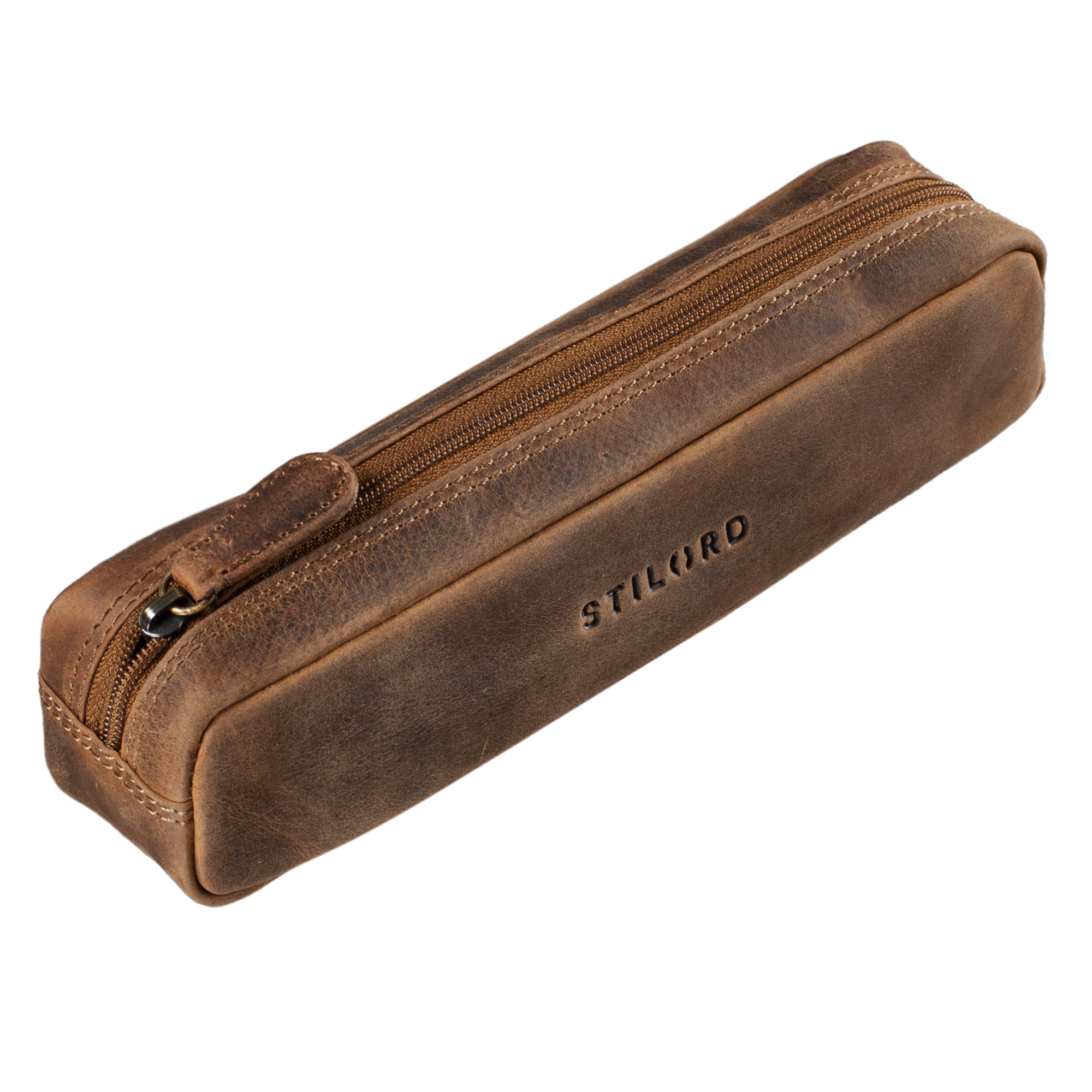 STILORD "Preston" Pencil Case Leather Vintage Pen Pouch Round Organiser Gift for Women Men Stationary Slim in Genuine Leather Colour:Middle Brown