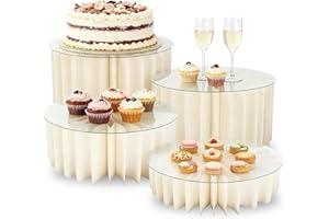WDPQYY 4 Pack Foldable Buffet Risers, Cardboard Cylinder Stands Food Display Risers with Acrylic Plates, Cake Cupcake Stands for Buffet Table, Dessert Table, Party Wedding Birthday Decor (White)