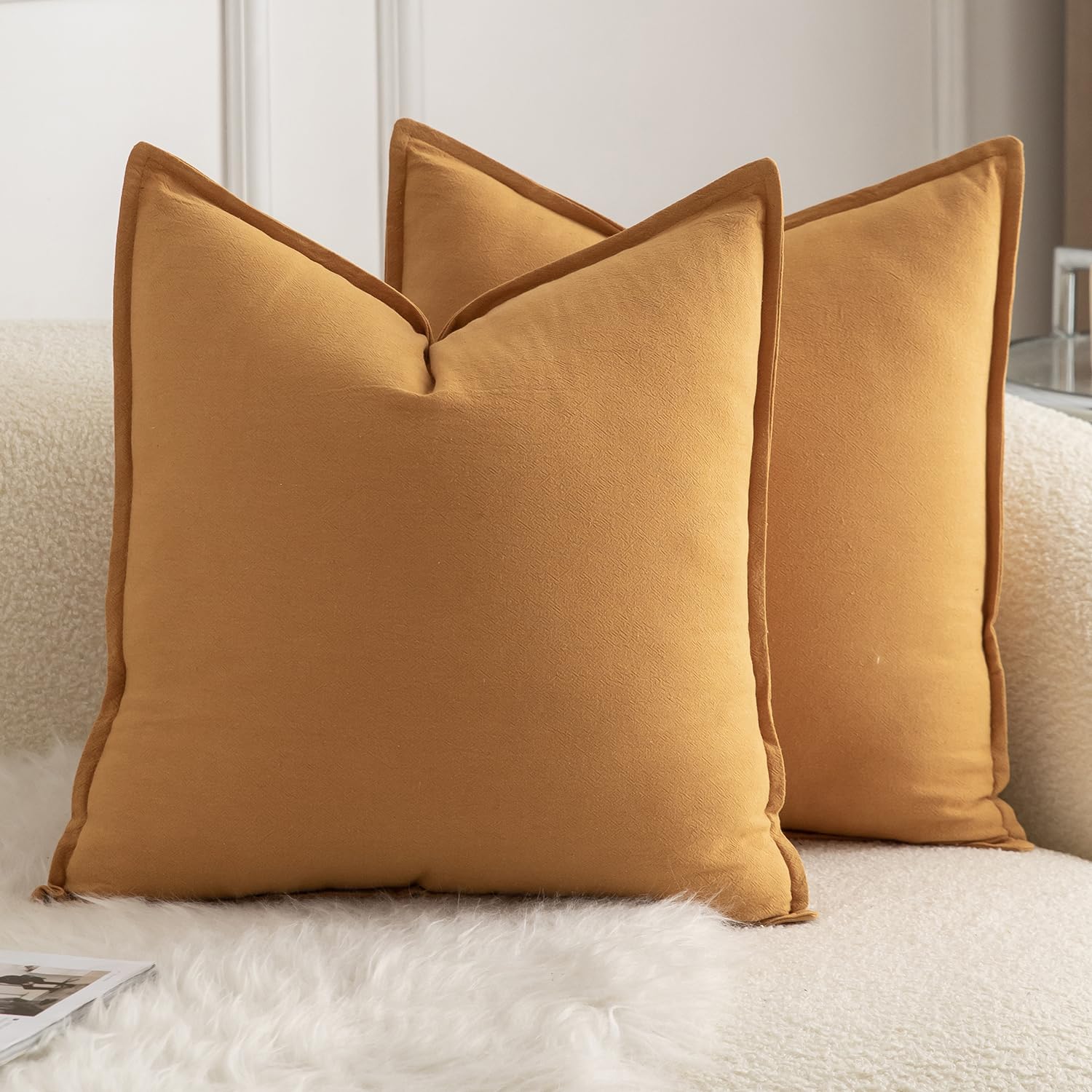 Mandioo Pack of 2 Neutral cotton Cushion Covers 65x65 cm 26x26 inch Solid Decorative Couch Throw Pillowcase Boho Farmhouse Home Decor for Sofa Living Room Bed Bedroom Orange Brown