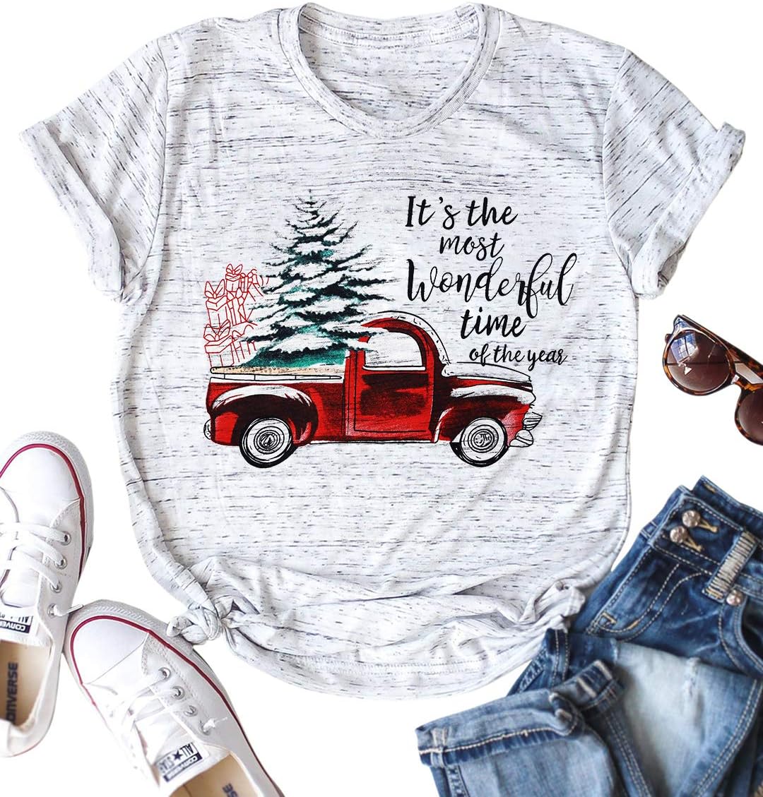 It's The Most Wonderful Time of The Year T Shirt Women Christmas Shirt Funny Truck Christmas Tree Graphic Print Tee Tops