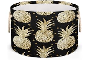 Ginfult Round Storage Basket Gold Glitter Tropical Pineapple Large Collapsible Nursery Bins with Cotton Rope Handles Toy Orga