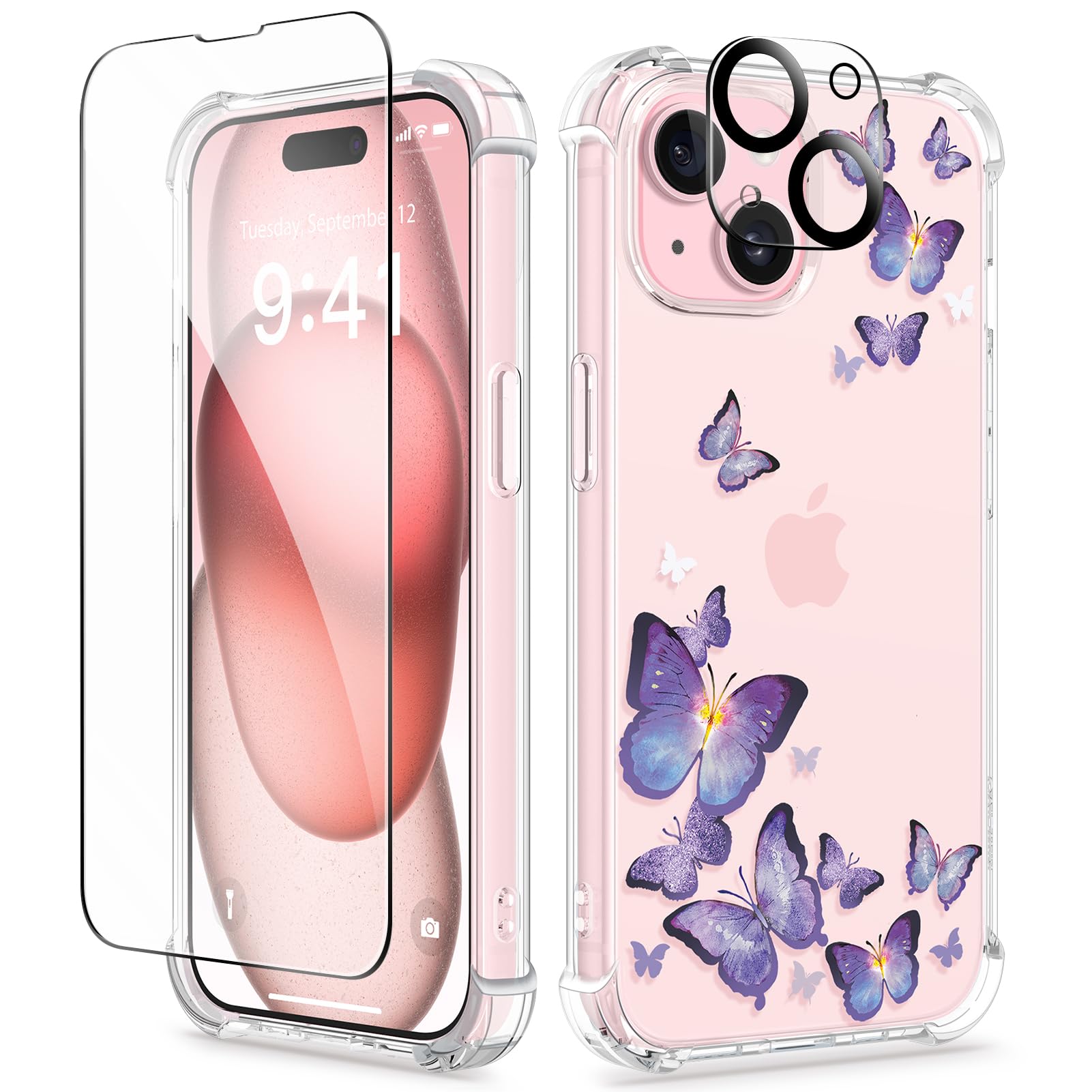 Photo 1 of GVIEWIN for iPhone 15 Case, [3 in 1] with Screen Protector & Camera Lens Protector, Clear Soft Shockproof Slim Fit Floral Phone Cover for Women Girls 2023 6.1" (Alluring Butterfly/Purple)