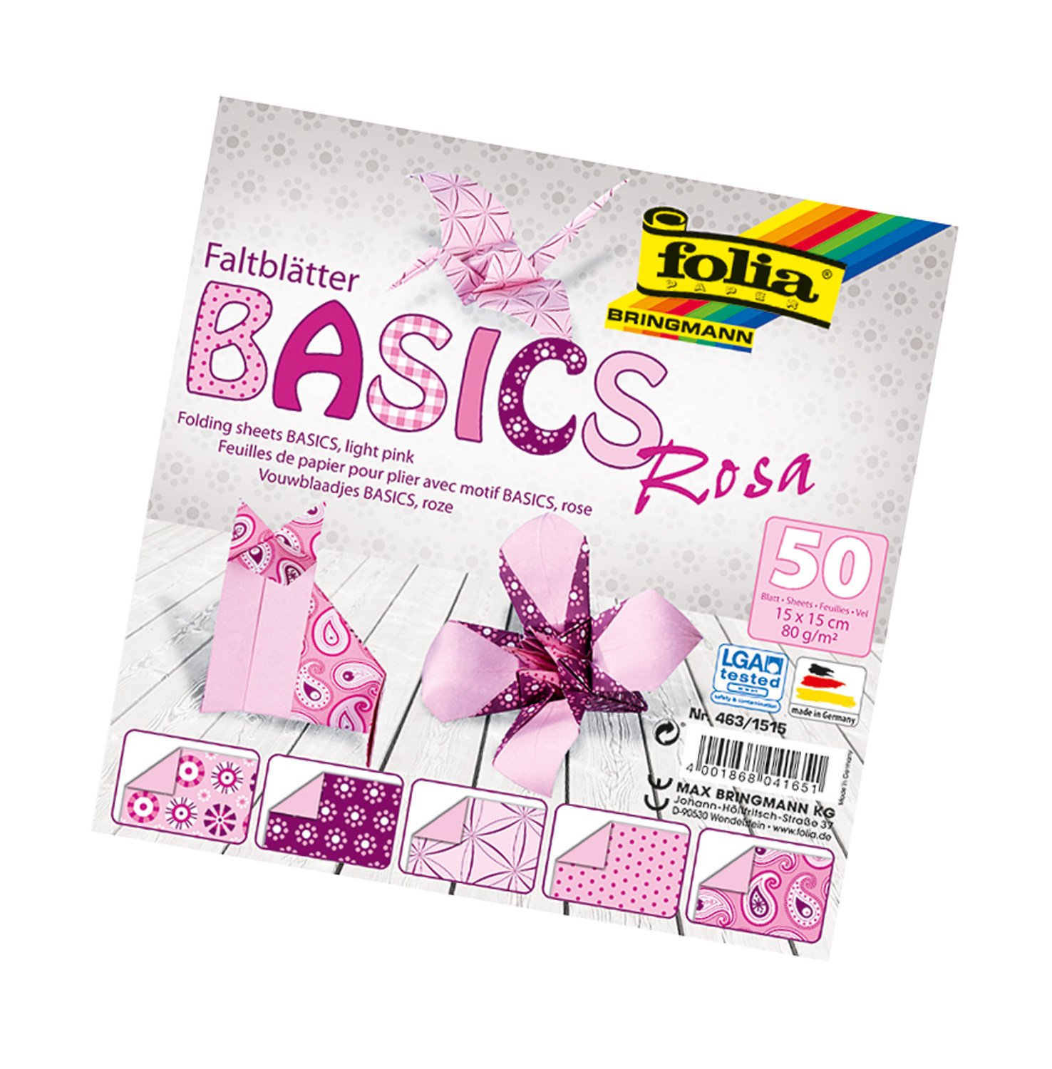 Bringmann Folia Basics folding sheets, 80 g/qm, 50 sheets assorted in 5 designs, pink, 15 x 15 cm