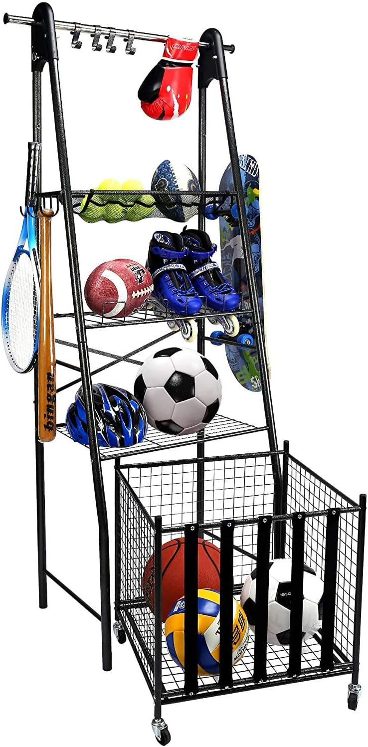 Mythinglogic Sports Equipment Garage Organizer, Rolling Ball Garage Storage, Sports Gear Storage for Kids, Adjustable Rob Sports Storage, Sports Organization with Hooks,Ball Equipment Racks: Sports & Outdoors