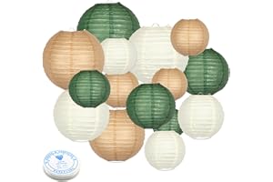 MEIDUO Green Round Chinese Paper Lanterns Decorative 15pcs Hanging Paper Lantern for Rustic Wedding Jungle Wonderland Themed Birthday Party Baby Shower