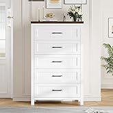 Jocoevol 5 Drawer Dresser for Bedroom - Farmhouse 44.9" Tall Chest of Dresser with Large Storage, Rubst Wood Construction for Living Room, Hallway & Entryway - White (White & Brown)