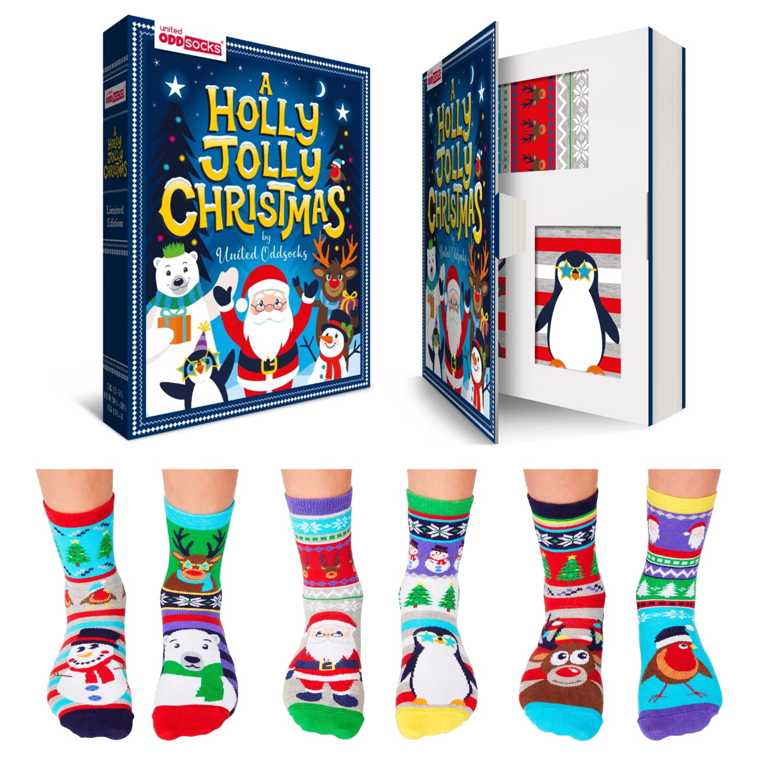 United Oddsocks - A Holly Jolly Christmas - Box of 6 Oddsocks for Kids - UK 12-5.5 EUR 30.5-38.5