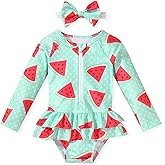 HIHA Toddler Baby Girl One Piece Zip Up Long Sleeve Swimsuit Rashguard Set with Headband