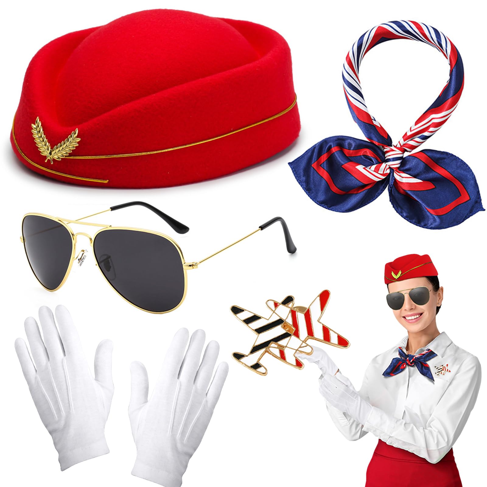 5Pcs Airline Stewardess Costume Accessories Set, Flight Attendant Fancy Dress Kit with Stewardess Hat Scarves Brooch Sunglasses Gloves Cosplay Outfit for Adults Girls Cosplay Dress up Party-Red