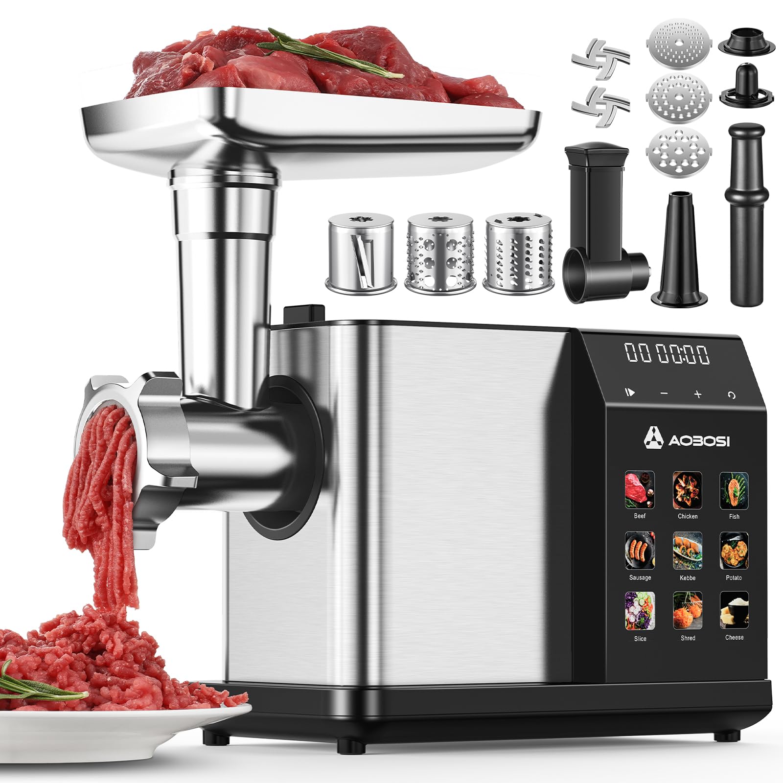 Photo 1 of AAOBOSI Multifunctional Digital Meat Grinder Electric 3000W Max w/ 9 Touch Screen Presets, Auto-Reverse & Built-in Storage -Grinding, Sausage & Kibbe & Grate Cheese Making for Home Use