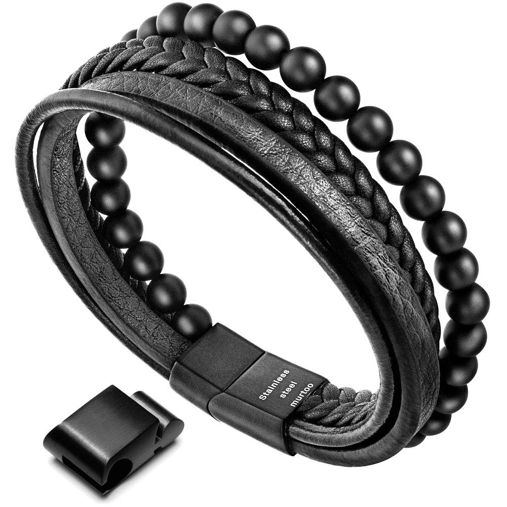 Murtoo Men's Leather Bracelet with Natural Stone Lava Onyx - Black & Brown - Magnetic Clasp - Braided Black With Onyx, 9.2''