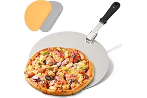 Pizza Peel with Foldable Handle and 2 Scrapers, Stainless Steel Pizza Paddle, 11.8-inch Round