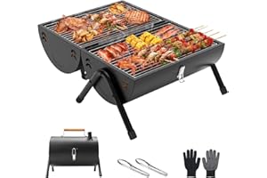 MULU EVO Portable Charcoal Grill with Chimney,Clips,Gloves,Double Sided BBQ Area,Mini Tabletop Barbecue Grill for Outdoor Camping Backyard Party,Easy to Carry and Assembly