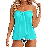 Women Two Piece Tankini Bathing Suits Halter Bandeau Swim Top with Bottom | Strapless, Flyaway, Tummy Control Swimsuit, Removable Adjustable Strap