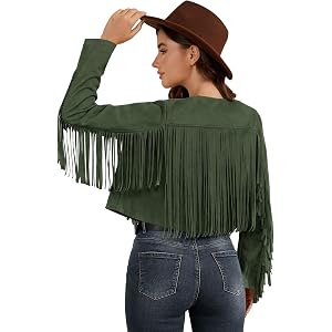 UpFind Women's Faux Suede Fringe Jacket Fall Cropped Coats Cowgirl Outfits | Western, Long Sleeve, Open Front, Fashion, Tasse