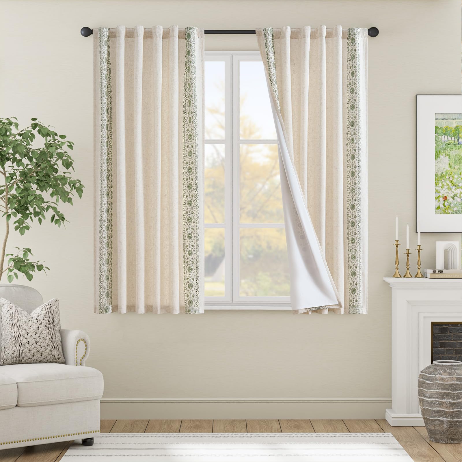 jinchan Weslie Boho Lined Linen Curtains for Bedroom Sage Green Vintage Floral Farmhouse Curtains 63 Inch Length Linen Drapes for Living Room Embroidered Drapes Sage on Beige 2 Panels Image