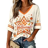 ASUIU Women Halloween Shirt 2026 Oversized Cute Funny Plus Size 3/4 Sleeve Skeleton Skull Printed Ghost Graphic