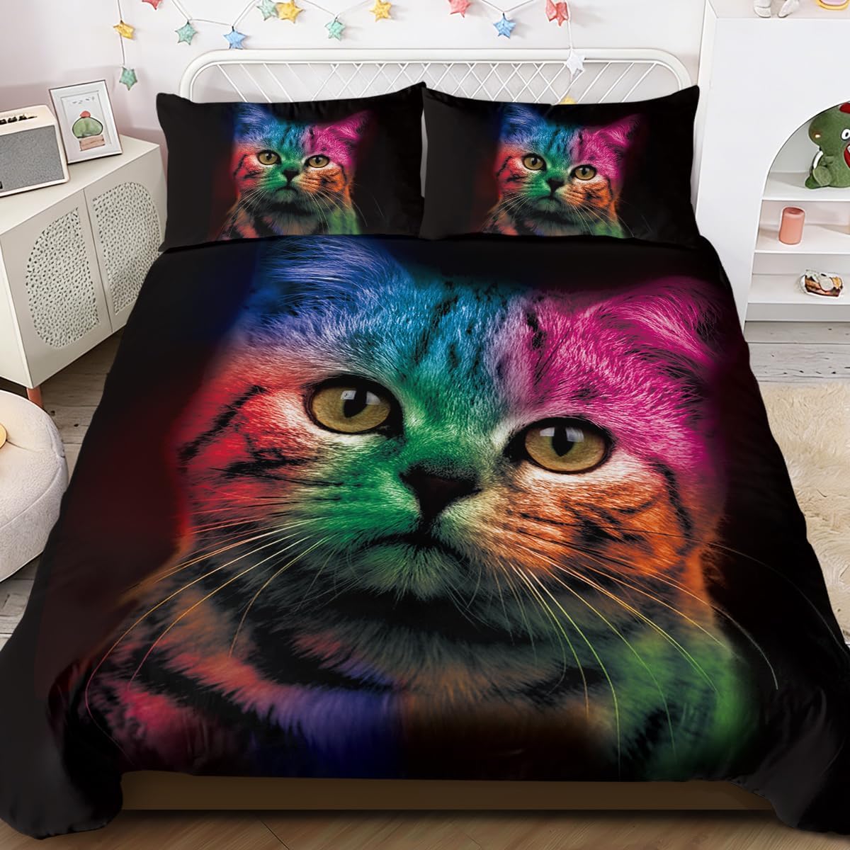 BlessLiving Single Bedding Sets for Kids Girls Boys - Soft Cute Colorful Cat Pattern Quilt Cover 3 Piece Bold Color Black Animal Duvet Cover Set and Pillowcases for Single Bed