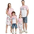 PATPAT Family Matching Outfits Short Sleeve Belted Spliced Pattern Print Dresses and Casual T-Shirts Matching Sets