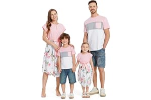 PATPAT Family Matching Outfits Short Sleeve Belted Spliced Pattern Print Dresses and Casual T-Shirts Matching Sets