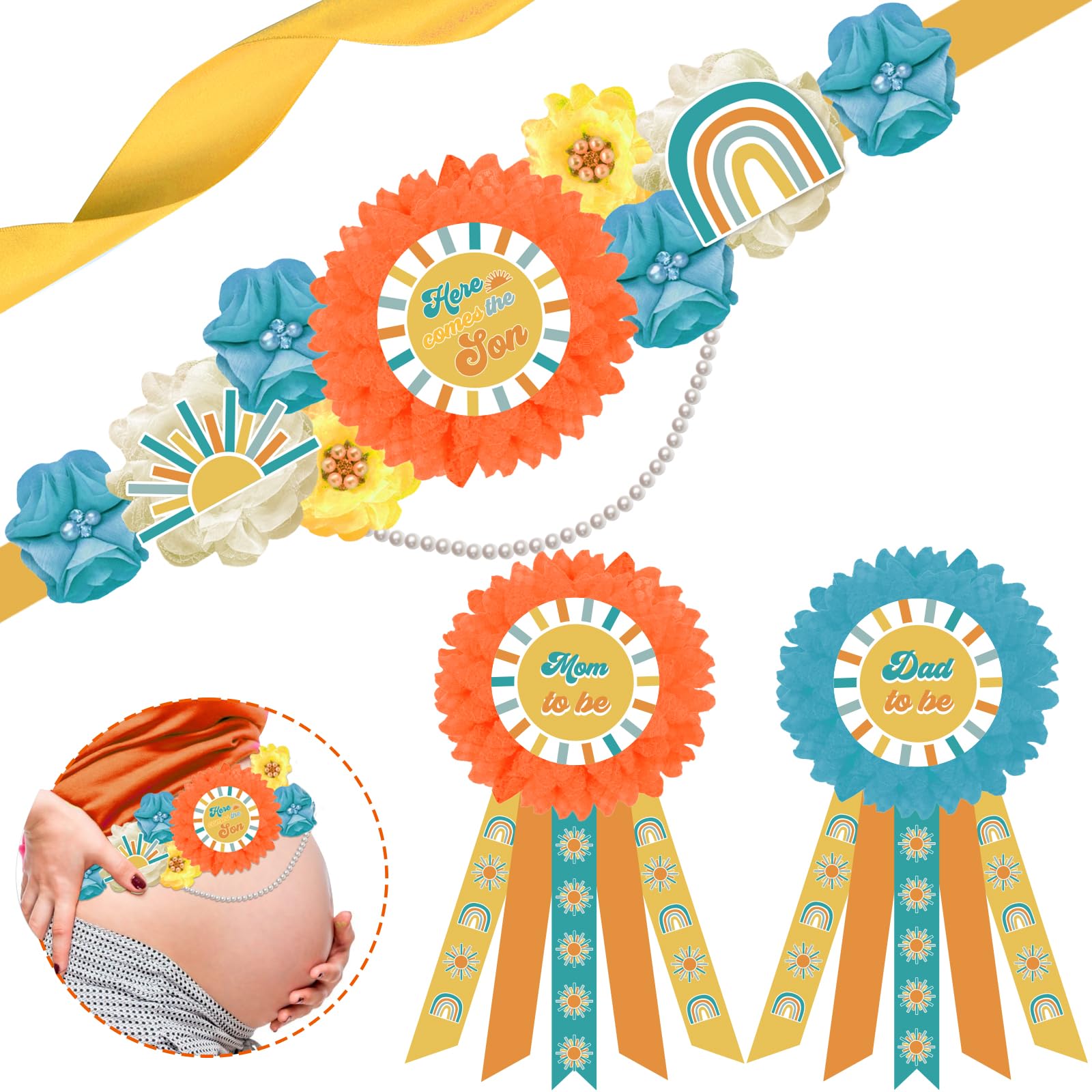 JOYMEMO Here Comes The Son Baby Shower Decorations for Boy, Here Comes The Son Maternity Sash with Mom to Be Dad to Be Corsage Pins, Boho Retro Pregnancy Flower Belly Belt Party Supplies