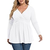 TIANZHU Women's Plus Size V Neck Long Sleeve Tunics Tops Lightweight Blouse Dressy Casual Top Ruched Trendy Clothes