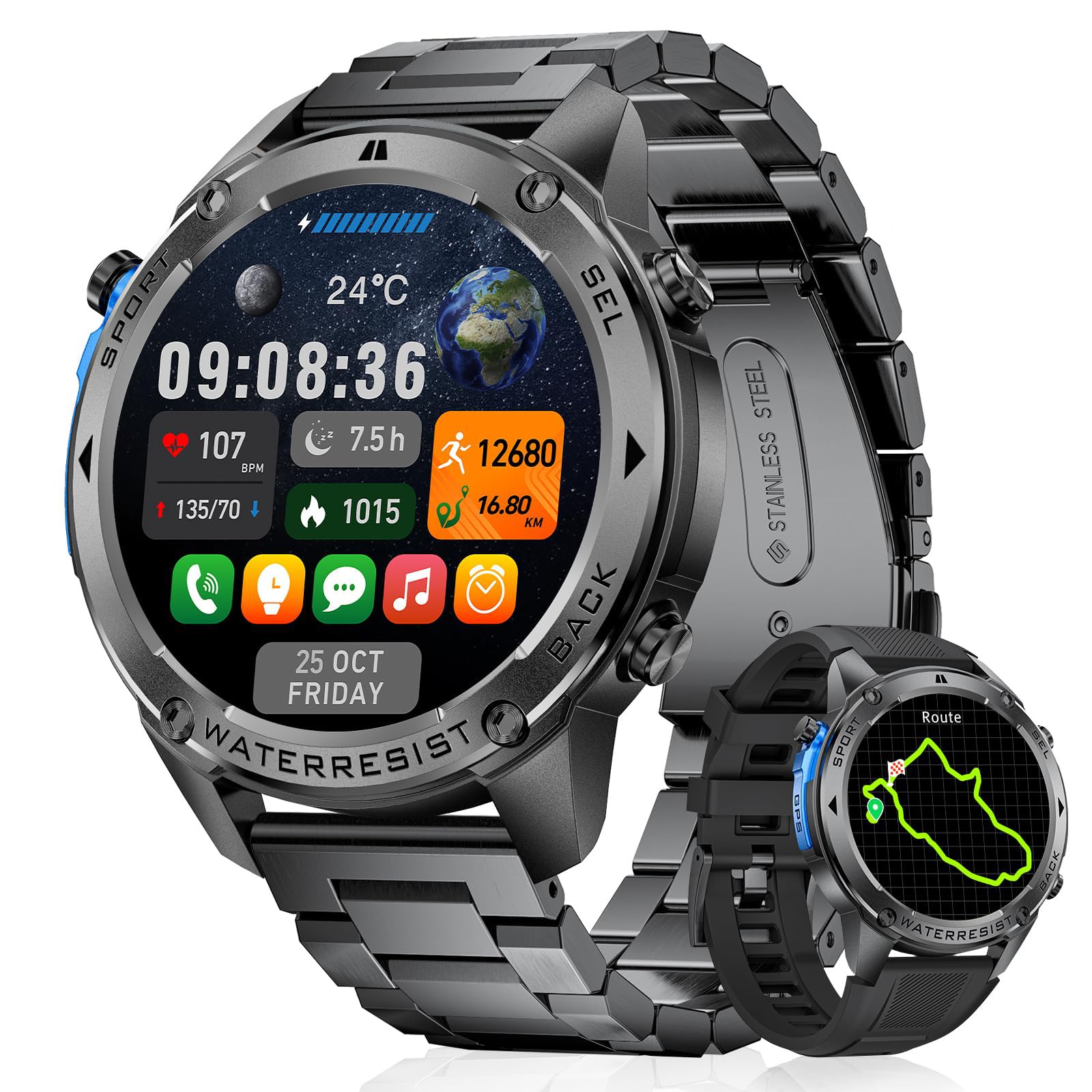 Photo 1 of BRUBOSES GPS Smart Watch for Men Military Rugged Smartwatches,Compass,50M Waterproof, 500mAh Large Battery,Answer/Make Call, 1.43" AMOLED Screen, Compatible for Android iOS (2 Bands) Black