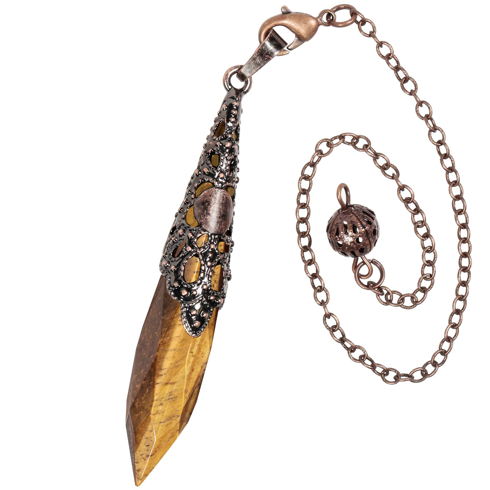 Nupuyai Tiger's Eye Crystal Stone Point Pendulum for Scrying Dowsing Divination, Faceted Vintage Healing Stone Pendulum with Chain