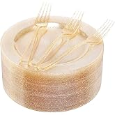 I00000 72 Pieces Plastic Dessert Plates 7.5" & 72 Pieces Gold Disposable Forks 7.4" with Gold Glitter, Gold Disposable Plates, Plastic Salad Plates for Birthday, Wedding & Party