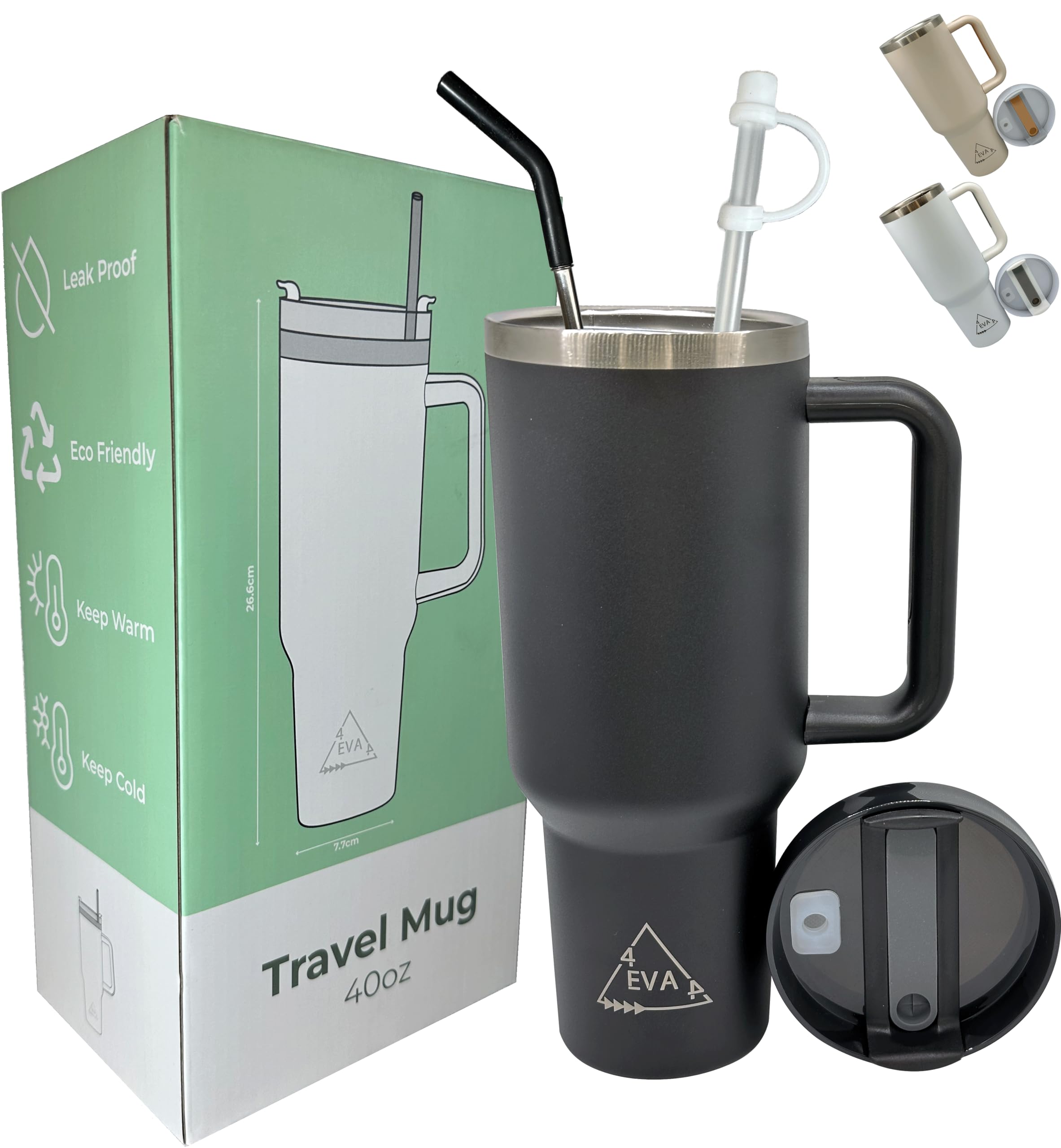 4EVA4 1182ml Travel Mug 40oz Tumbler with Straw and Lid, Stainless Steel Double Wall Vacuum Insulated Coffee Mug for Hot and Cold Coffee, Travel Mug with Handle, Coffee Mug for On The Go (Black)