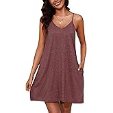 Marvmys Womens Cotton Sleeveless Nightgown Spaghetti Strap V Neck Full Slip Sleep Dress with Pockets