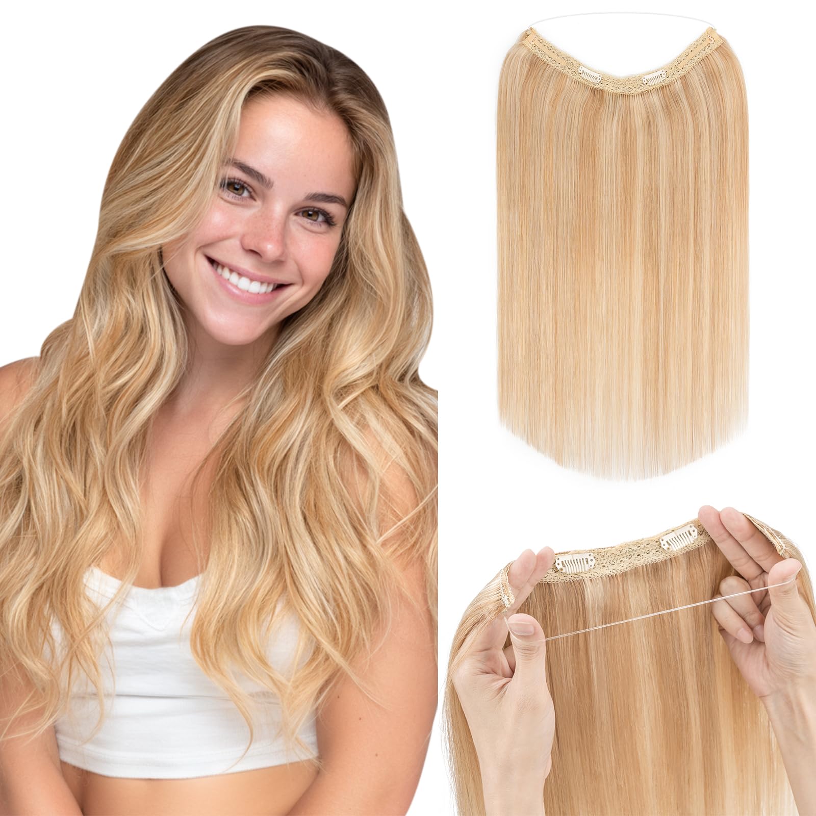 Photo 1 of Hairro Wire Hair Extensions Human Hair, Fish Line Invisible Adjustable & Clips in Extensions Straight, 100% Real Hairpieces Seamless Blending for Women, 20 Inch 100g Ash Blonde Mix Bleach Blonde