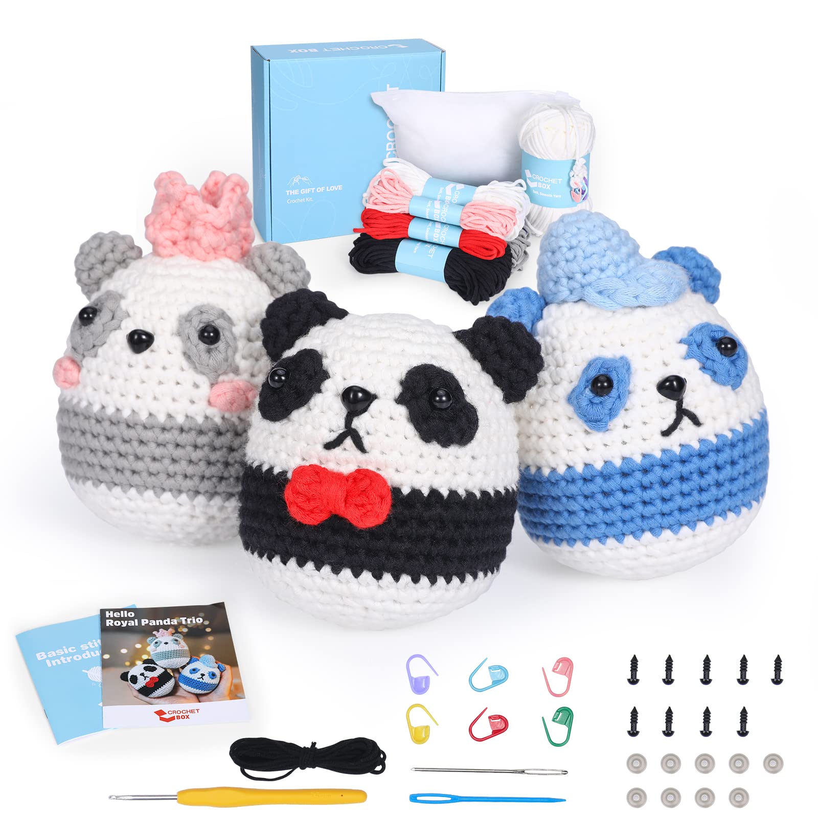 Crochet Kit for Beginners - 3 PCS Pandas Crochet Kit, Learn to Crochet, Include Step-by-Step Video, Tools, Surprise Gift for Adults