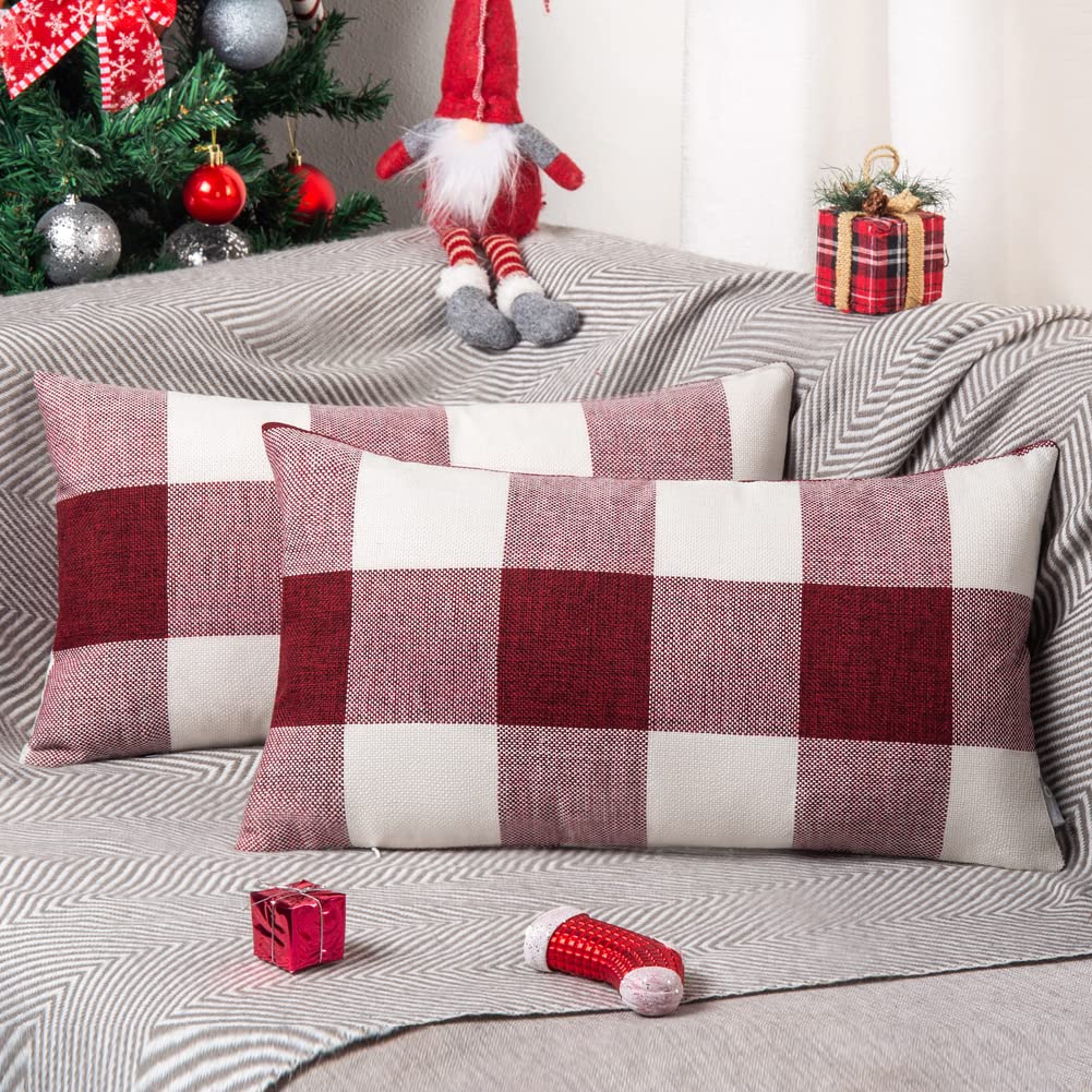 ORANIFUL Buffalo Check Cushion Covers 30 x 50 Set of 2 Linen Decorative Rectangular Tartan Throw Lumbar Pillow Case for Sofa Couch Bed Home Decor Car 12x20 Inches (Red & White)