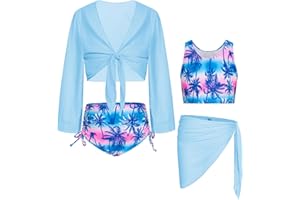GRACE KARIN Girls Bathing Suit Adjustable Taniki Swimsuit Tie Front 4 Piece Bikini Set with Kimono Cover Up 6-14