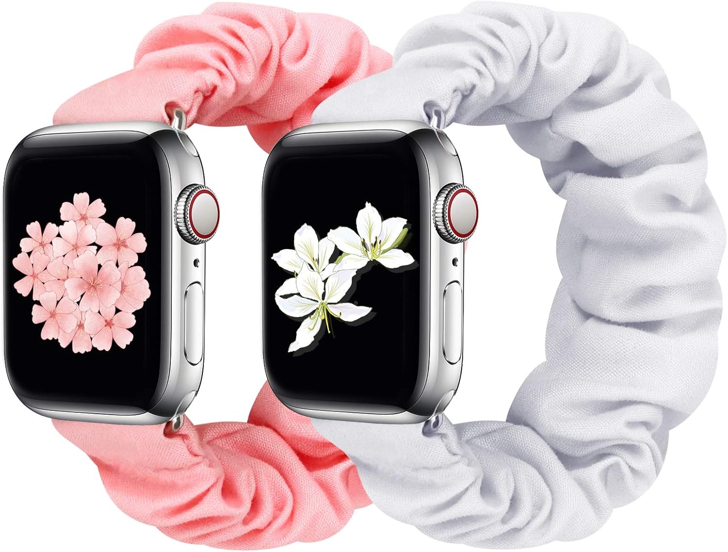 Huishang 2 PCS Scrunchie Apple Watch Band for Women, 38mm 40mm 42mm 44mm Apple Watch Bands, Cute Apple Watch Bands for Series 5/4/3/2/1 (M-38/40 White+Pink)