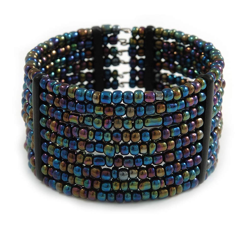 Avalaya Peacock Glass Bead Flex Cuff Bracelet - Medium