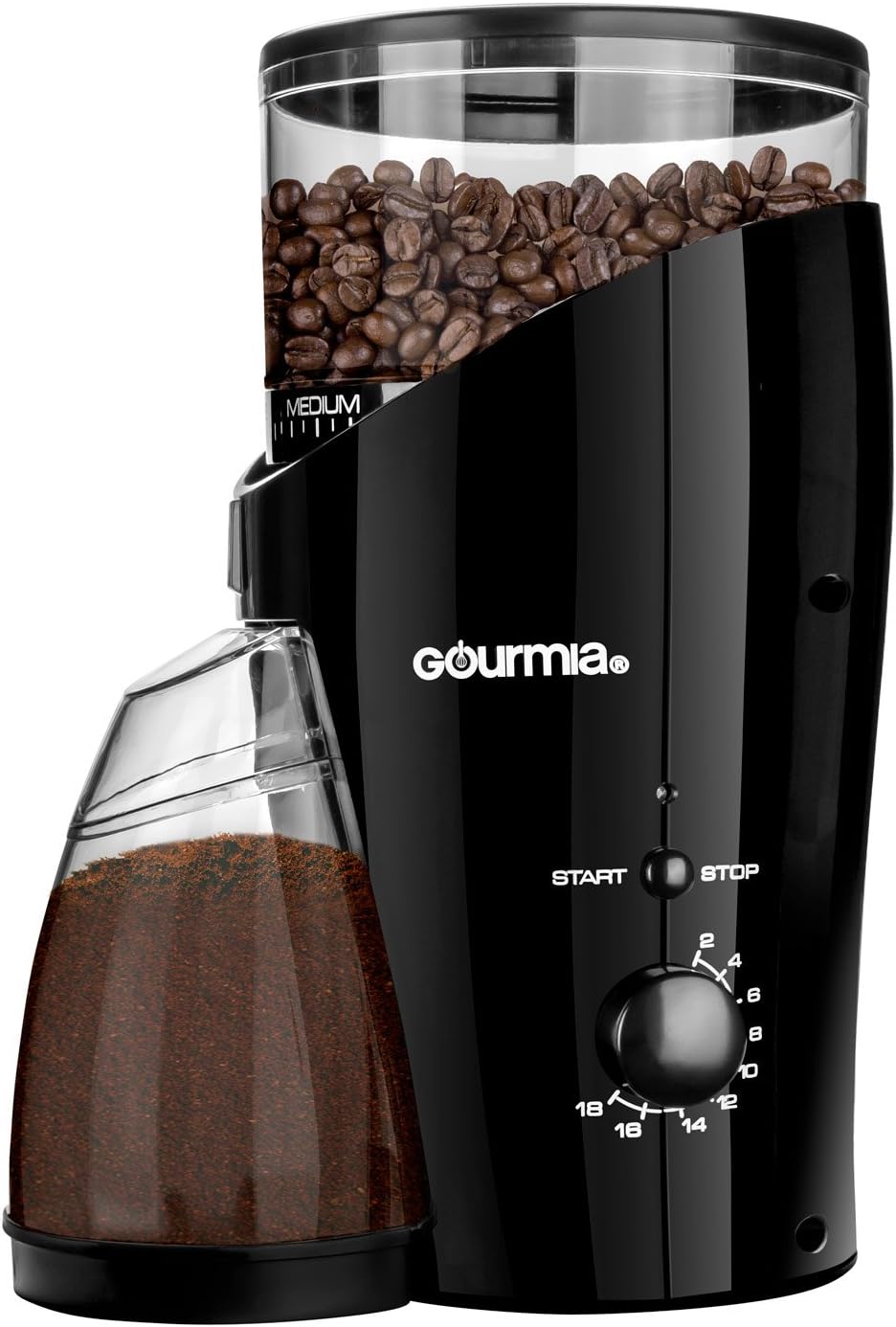 Gourmia GCG185 Electric Burr Coffee Grinder - Heavy Duty Steel Grinding Disc - Removable Bean Hopper & Cup - 20 Grind Size Settings - 2-18 Cup Selection - 150W - Black