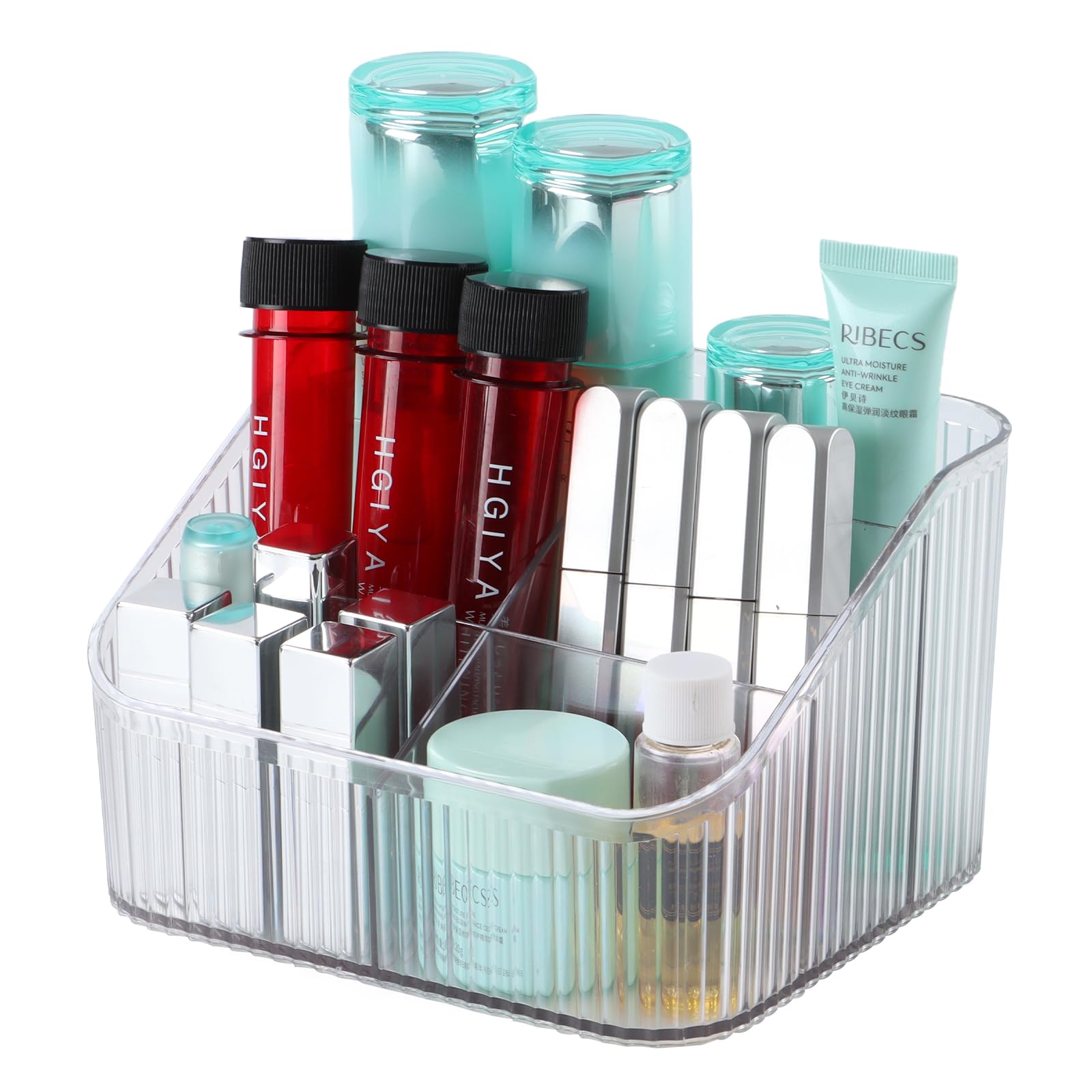 OSteed Clear Makeup Organiser Box for Vanity, Makeup Brush Holder with 5 Cups, Skincare Beauty Cosmetic Storage Box, Dressing Table Storage, Toiletry Organiser — image 1
