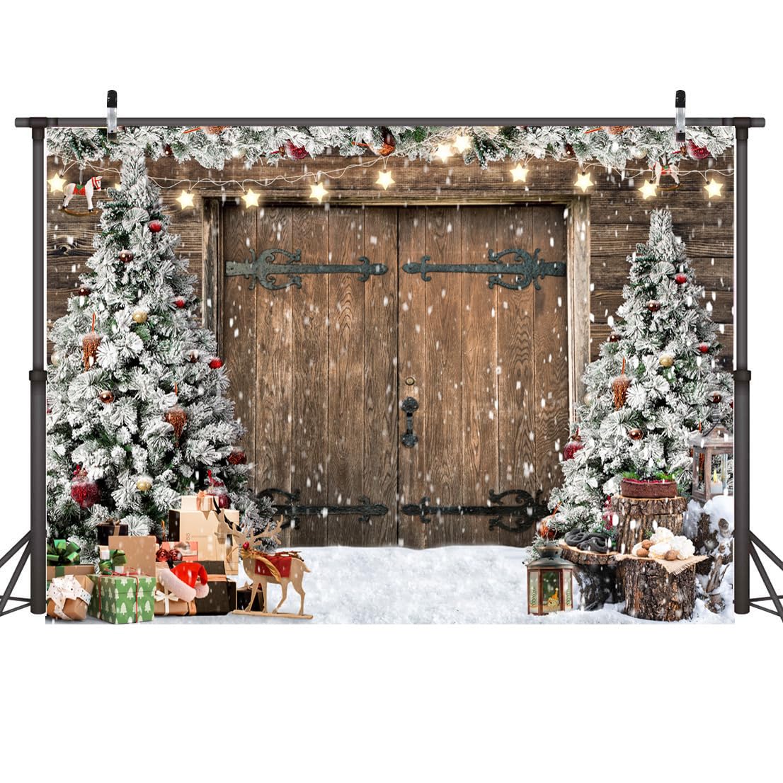 AIIKES 10x8FT Christmas Backdrop Christmas Rustic Barn Wood Door Photography Backdrop 12-630