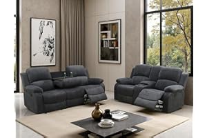 Toseslo Living Room Furniture Sets, Manual Reclining Sofa and Lovseat Set with Drop-Down Table, Corduroy Recliner Couch Sets, Recliner Sofa with Storage Console/Cup Holder for Apartment(Dark Grey)