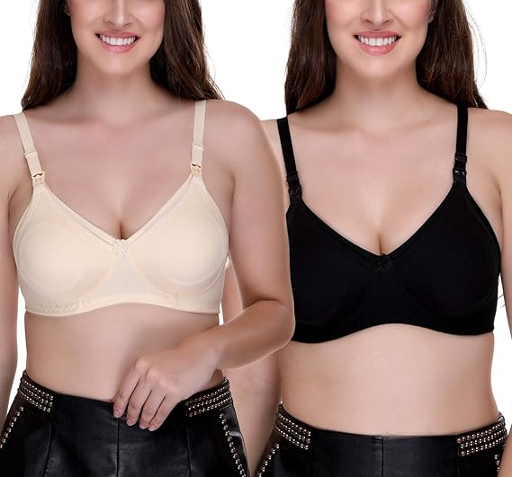 Women's Feeding Bra Full Cup Hosiery Cotton Breastfeeding Nursing Maternity (Multicoloured) Combo Pack of 2